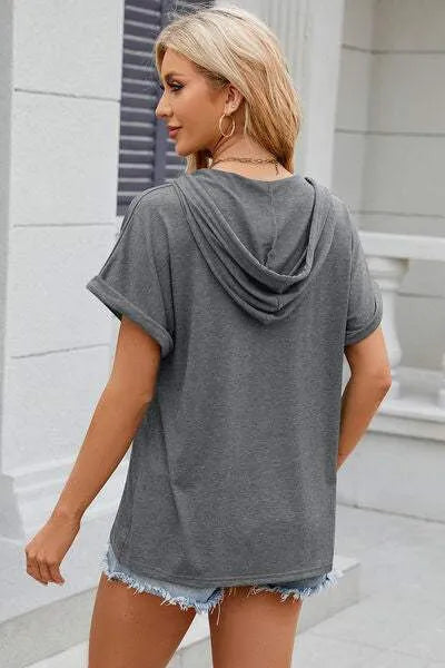 Half Button Drawstring Short Sleeve Hooded T-Shirt Women's T-Shirts - Tophatter Daily Deals